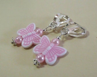 Children's ear clips with pink butterflies and pearls