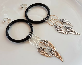 Ear clips hoop earrings with angel wing hanging
