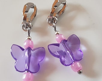 Children's ear clips with purple butterflies and pink pearls