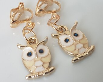 Children's ear clips, clips owls with rhinestone eyes