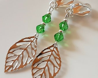 Children's ear clips Clips with leaves and green beads
