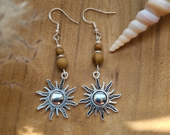 Boho earrings in silver summer love sun spiritual filigree style vintage birthday gift wooden beads