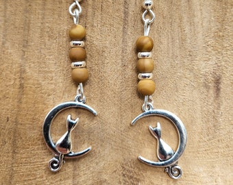 Earrings hanging 925 silver moon with wooden beads cat boho vintage nature birthday gift retro decoration design fashionable filigree