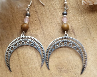Gemstone earrings hoop earrings hanging 925 silver gemstone rose quartz and wooden beads boho vintage style decoration love birthday gift