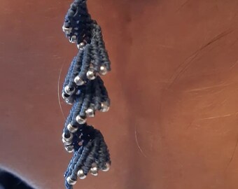 Macrame earrings hanging earrings boho style color jeans with silver metal beads filigree