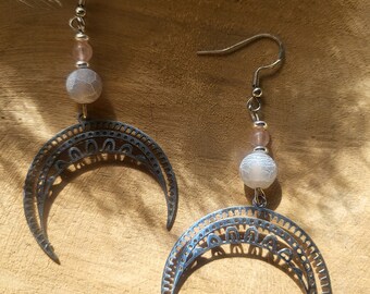 Gemstone drop earrings boho style silver spiritual half moon agate and rose quartz