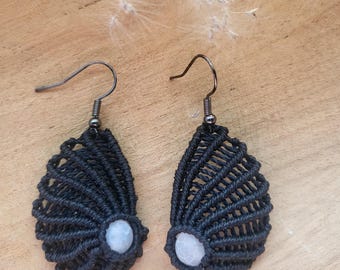 Macrame earrings with gemstone pearl in shell look black Boho Vintage Birthday gift Silver