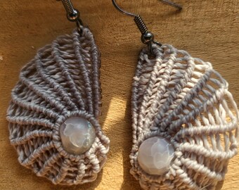 Macrame earrings with agate gemstone shell boho style