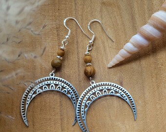 Modern Boho Vintage Earrings Moon Hanging Silver Wood Beads Energetic Filigree Nature Birthday Gift