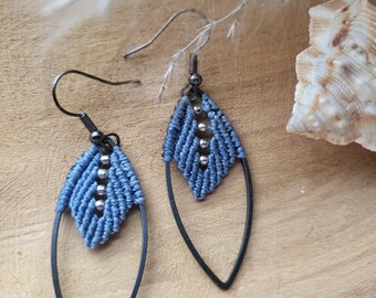 Macrame earrings hanging blue jeans silver beads boho style vintage Christmas gift women's jewelry