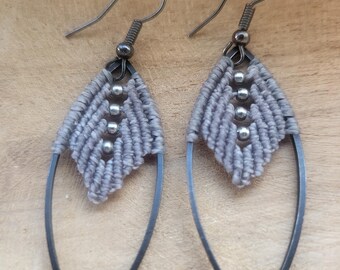 Macrame earrings gray metal beads boho style