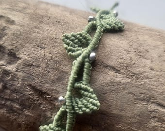Macrame Bracelet Leaves Nature Boho Vintage Birthday Gift Silver Beads