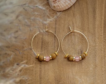 Stylish gemstone earrings 18k gold plated with rose quartz earrings boho vintage gift natural wooden beads energetic spiritual