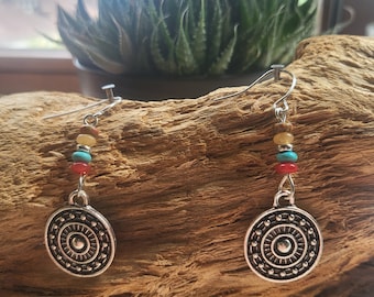 Earrings for women boho style hippie silver round