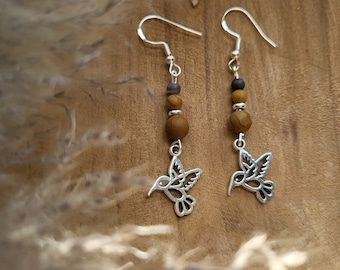 Stylish silver hanging earrings with wooden beads Boho Vintage filigree spiritual Natural Birthday gift bird jewelry