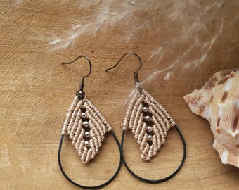 Macrame drop earrings with silver beads and gold thread. Vintage Boho Christmas gift