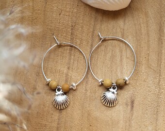 Beach love silver earrings with shell pearl and wooden beads Boho vintage birthday gift filigree and stylish jewelry