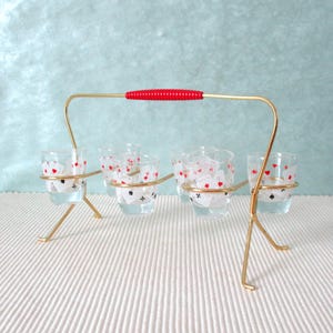 6 shotglas, spelkortsmotiv, stativ, guldanodiserad, plastbelagd handtag, 1950-/60-tal, modern stil från mitten av århundradet