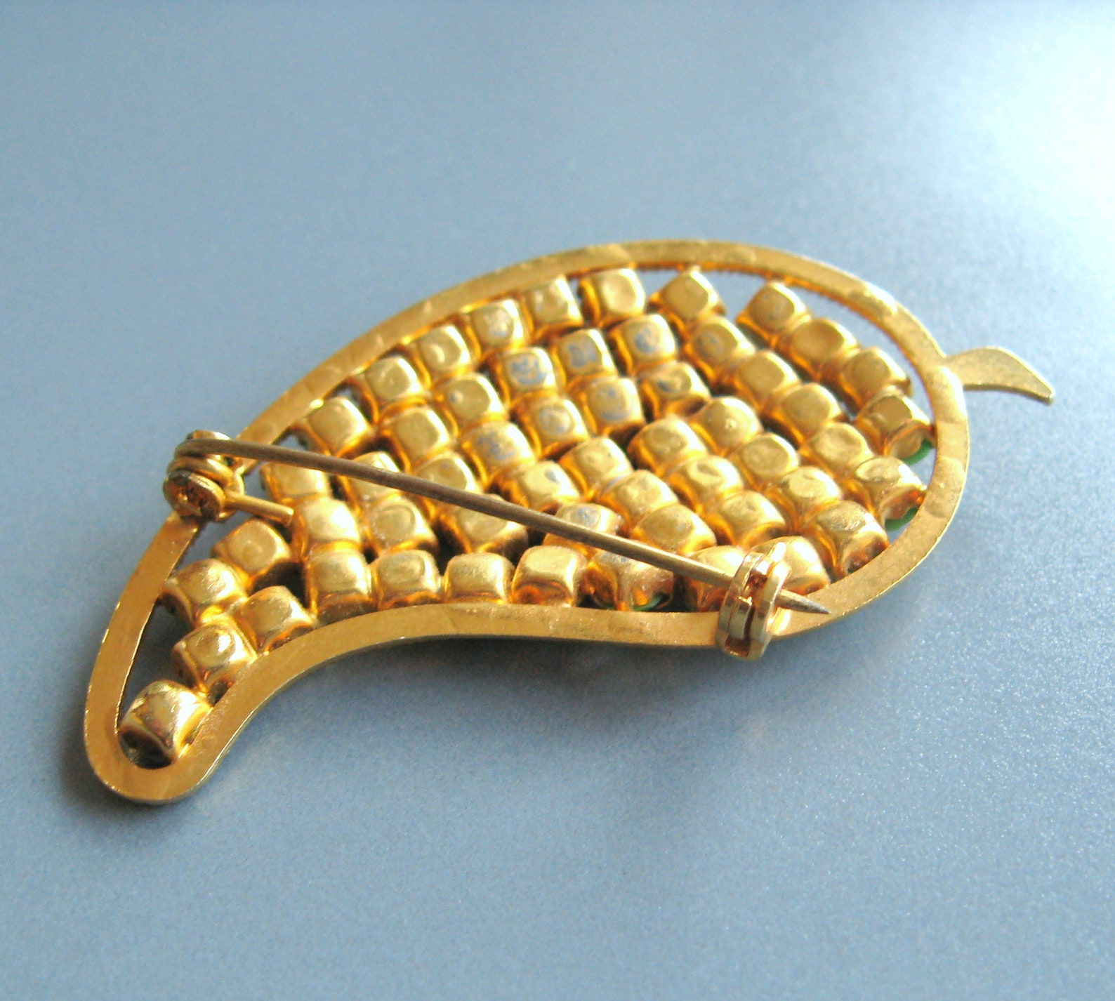 Lapel Pin Brooch Leaf Gold Colored Mint Glass Beads 50s Etsy