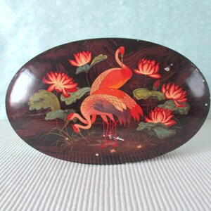 Tarro de galletas de hojalata ovalado con pájaros del paraíso, flamencos, brocante desgastado, años 30, VTG, flora, fauna, romántico, auténtico Vintage