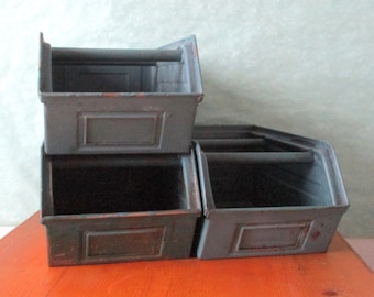 3 Storage Boxes Stackable Boxes Industrial VEB SVW Metal 1960s 1970s Loft GDR Ostalgie Mid Century Modernist Tool Boxes Storage