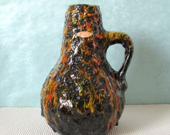 Henkelvase Kreutz Keramik 201 superdicke Fat Lava schwarz rot gelb 70er Jahre Seventies Mid Century WGP West German Pottery Sammlerstück