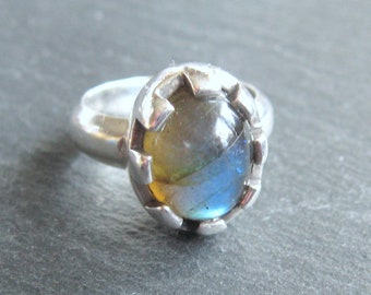 Ring 925 Sterling Silver Labradorite Mid Century Modernist 60s Silver Ring Women's Ring