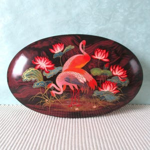 Tarro de galletas de hojalata ovalado con pájaros del paraíso, flamencos, brocante desgastado, años 30, VTG, flora, fauna, romántico, auténtico Vintage