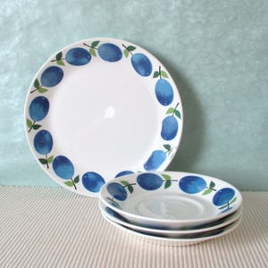 Może przedstawiać: Biały ceramiczny talerz obiadowy i trzy pasujące płytkie miseczki, ozdobione powtarzającym się wzorem niebieskich owalnych owoców i zielonych liści rozmieszczonych wokół krawędzi. Talerz obiadowy stoi pionowo za stosem trzech miseczek.