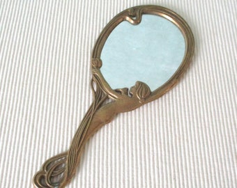Specchio a mano Specchio cosmetico in ottone massiccio anni '60 Motivo Art Nouveau vero vintage sirena fiore viticci decorazione del bagno tavolo cosmetico