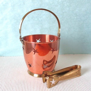 Ice cube container solid copper brass stars openwork pattern 60s glass insert ice bucket bar equipment home bar mid century modernist