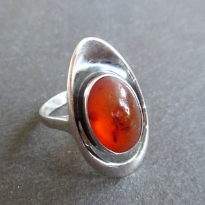 May include: A silver ring with an oval, reddish-orange gemstone. The stone is set in an elongated, stylized bezel. The ring has a simple, polished silver band. The design is modern and striking, suitable for everyday wear.