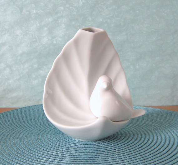 Vase Hutschenreuther Tirschenreuth Gabbia weißes Porzellan Taube 70er Jahre Vogel Bavaria True Vintage Blattvase Vogel auf Blatt
