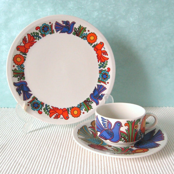 Service à café 3 pièces Villeroy & Boch Acapulco années 70 Pop Art Graziela Era Birds Flowers Retro True vintage VTG Coffee Cup Cake Plate