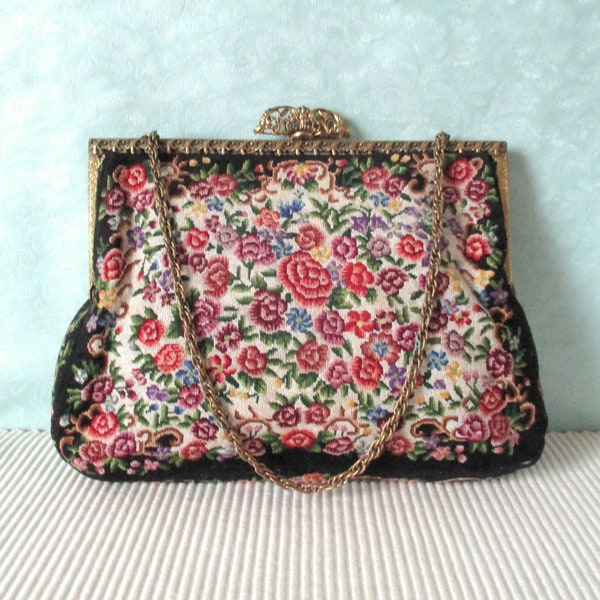 Täschchen Abendtasche Gobelin 60er Jahre Sixties floral Blumen Mid Century Vintage VTG Petit Point Satinfutter Messingbeschläge barocke Form