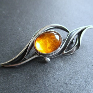 Brosche 925er Sterling Silber Bernstein Mid Century Modernist floral Blätter 50er Jahre 60er Jahre Meistermarke MH