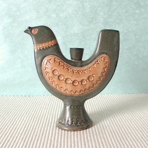 Ljusstake fågelduva keramik beige oliv 70-tals folkloristisk Graziela-eran retro ljusstake