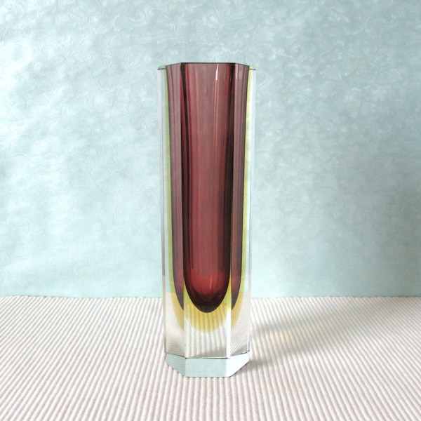 Vase Murano Sommerso Glas mauve gelb sechseckig facettiert 60er Jahre 70er Jahre Made in Italy Facetten Überfangglas