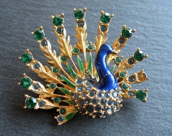 Anstecknadel Brosche Pfau Sphinx 2046 Emaille gold emerald grün royalblau Strass Steine 60er Jahre Mid Century VTG