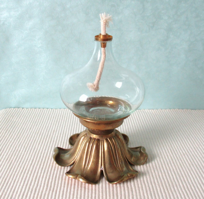 Oil Lamp Brass Glass Calyx Leaves 70s Oil Lamps Floral Etsy