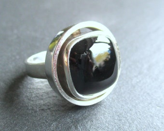 Bague 800 argent onyx AHB 60s onyx cabochon MCM Mid Century Modernist silver ring onyx ring Design scandinave