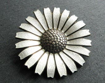 Grande broche Daisy Flower Anton Michelsen danois Design 40s 925 argent sterling émail 42 mm fine ciselage Margerite