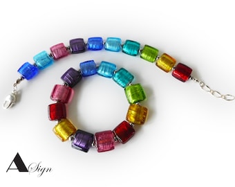 Een teken *Square Dance* Regenboog damesarmband, Murano-kunstglas Zilverfolie & roestvrijstalen kralen Karabijnsluiting of rekbaar rubber Kleurrijk