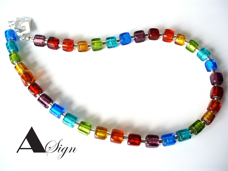 women Rainbow necklace chain glass cubes Murano Art /& stainless steel jewelry cloge bunt Candy No.3 A Sign