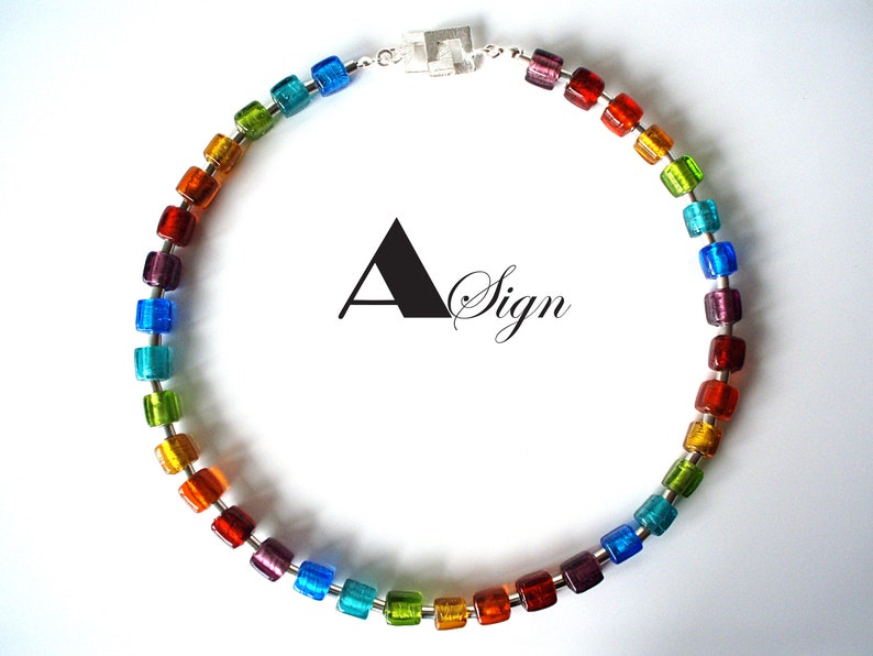 women Rainbow necklace chain glass cubes Murano Art /& stainless steel jewelry cloge bunt Candy No.3 A Sign
