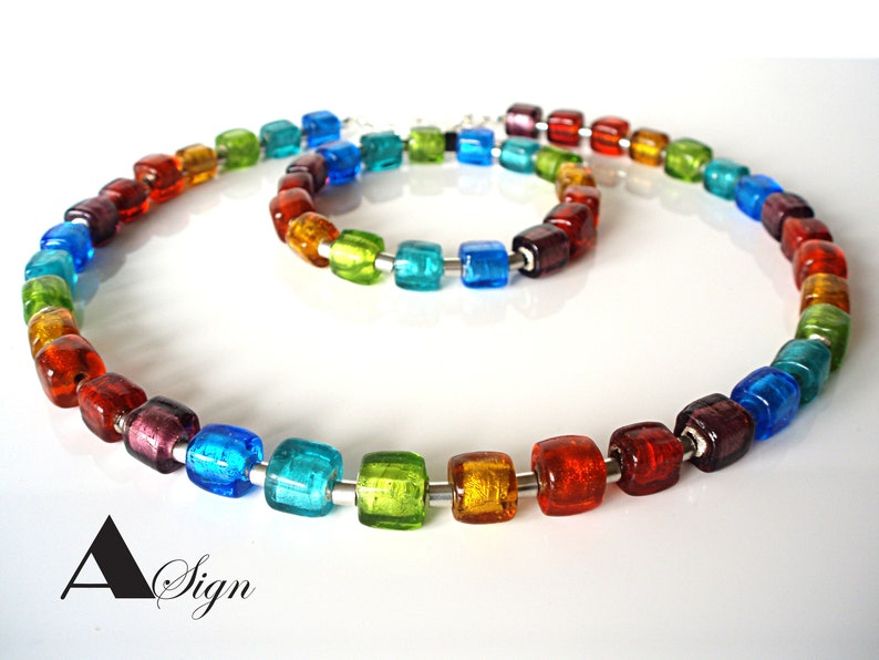 women Rainbow necklace chain glass cubes Murano Art /& stainless steel jewelry cloge bunt Candy No.3 A Sign
