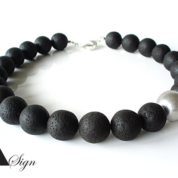 A Sign *Luna * Lava Stein Damen Kette/Halskette Kugel gebürstet schwarz/silber 16 und 18 mm Schmuck-Schließe