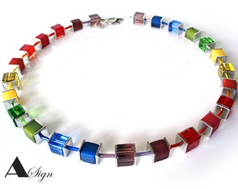 A sign * Flowers * Rainbow women necklace Polaris resin & crystal glass cubes 8 mm silver carabiner clasp