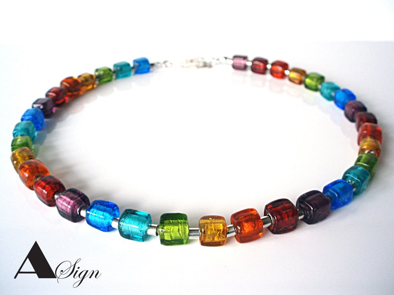 women Rainbow necklace chain glass cubes Murano Art /& stainless steel jewelry cloge bunt Candy No.3 A Sign