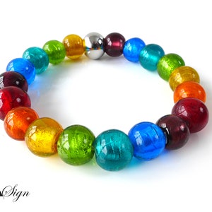 A Sign * Sparkling Rainbow * ladys Bracelet Rainbow Murano Art Glass silver foil Beaded Carabiner Closure adjustable